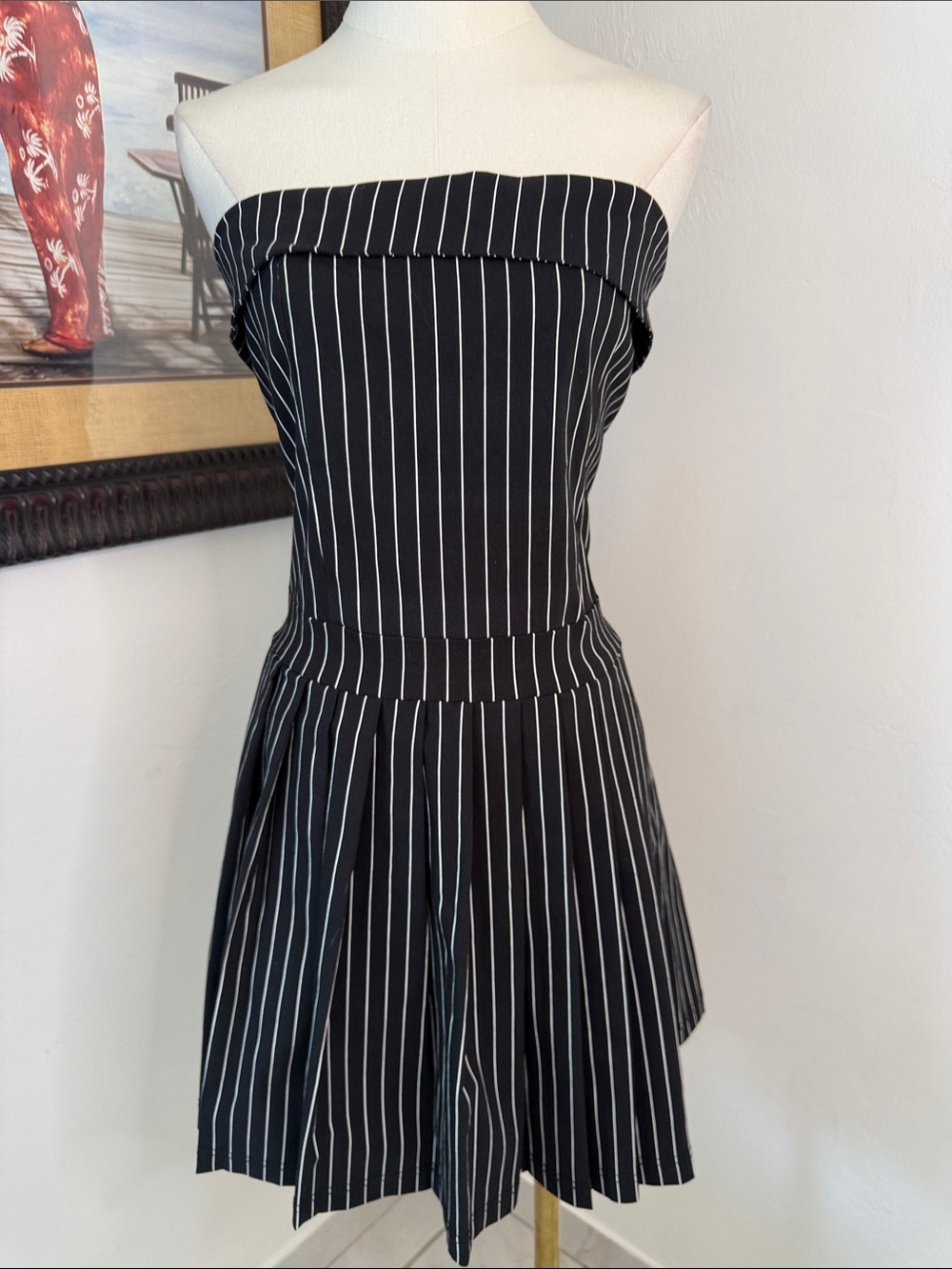 Like an Angel Strapless Black White Pinstripe Romper XL Smocked Back